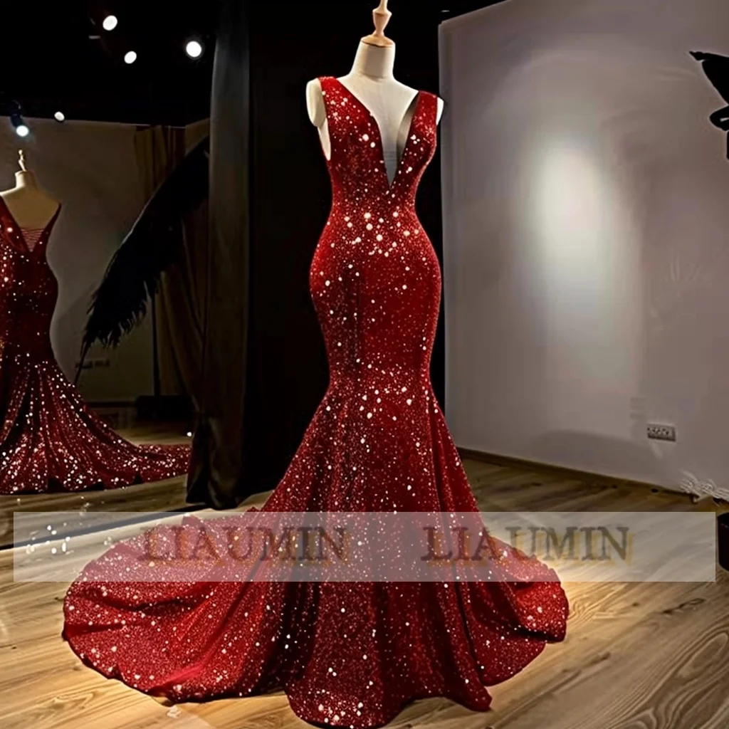 Женское вечернее платье-русалка красное блестящее длинное платье с V-образным