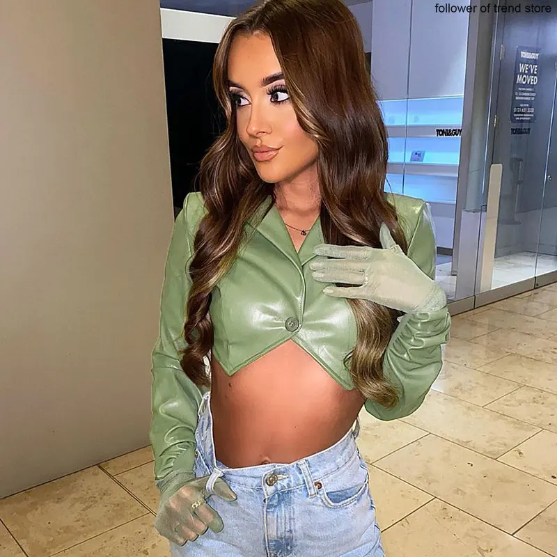 2022 Fashion Autumn Winter Pleated Long Sleeve Open Waist Short Sexy Women's Leather Top Coat Women's Leather Mini Short Top