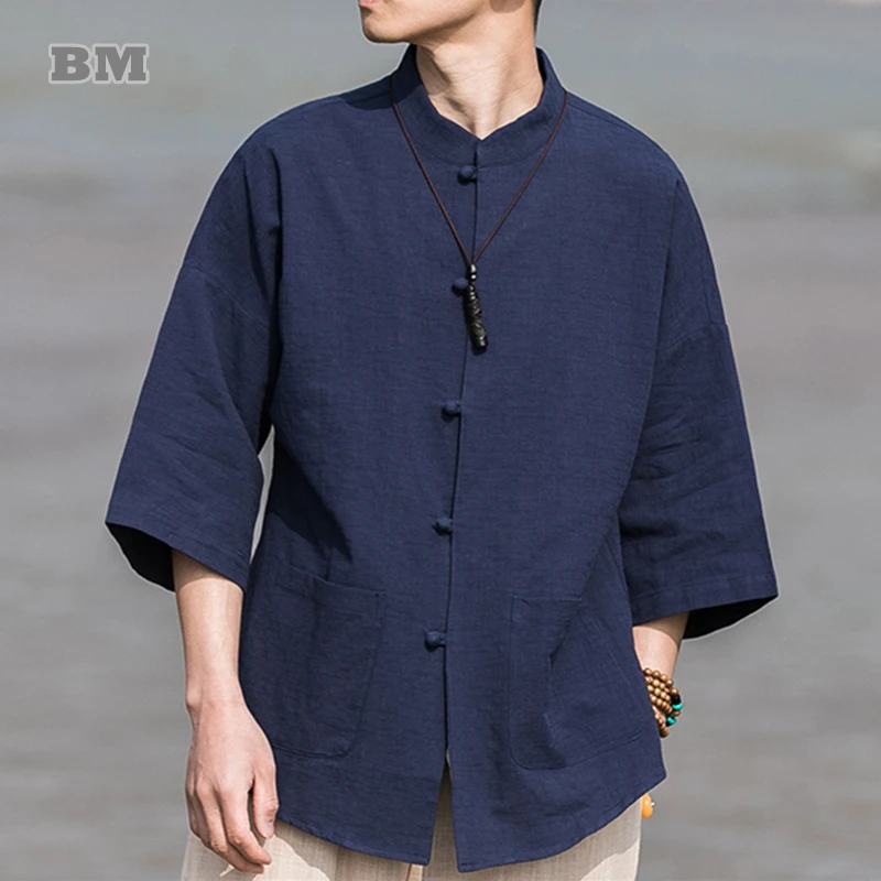 Summer Chinese Traditional Dress Vintage Linen Shirt Men Clothing Plus Size Tai Chi Kung Fu Short Sleeve Oversize Tops Male