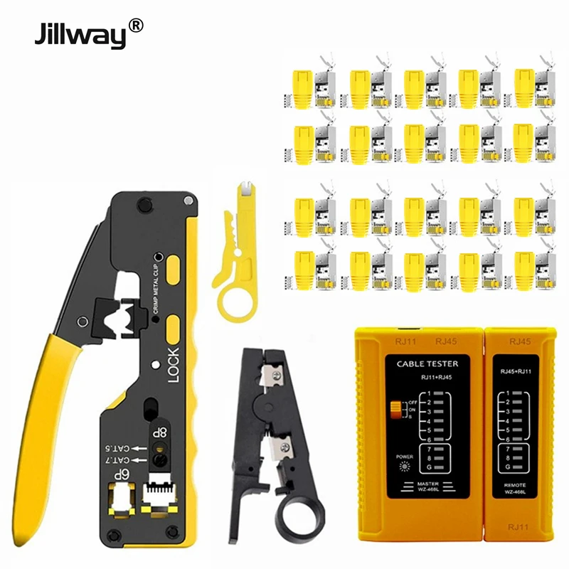 Jillway Cat7 Através do Furo Alicate Rede Testador Ferramenta Conjunto Através do Buraco Cabeça de Cristal Rj45 Fio Stripper Conjunto 10 Gigabit
