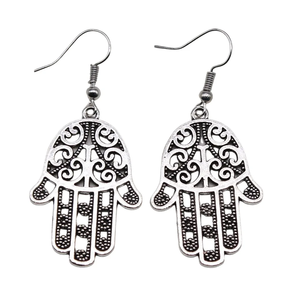 

Vintage Silver Color Khamsah Fatima Hand Drop Earrings For Women Retro Dangle Earring Female Brincos Muslim Jewelry Gift