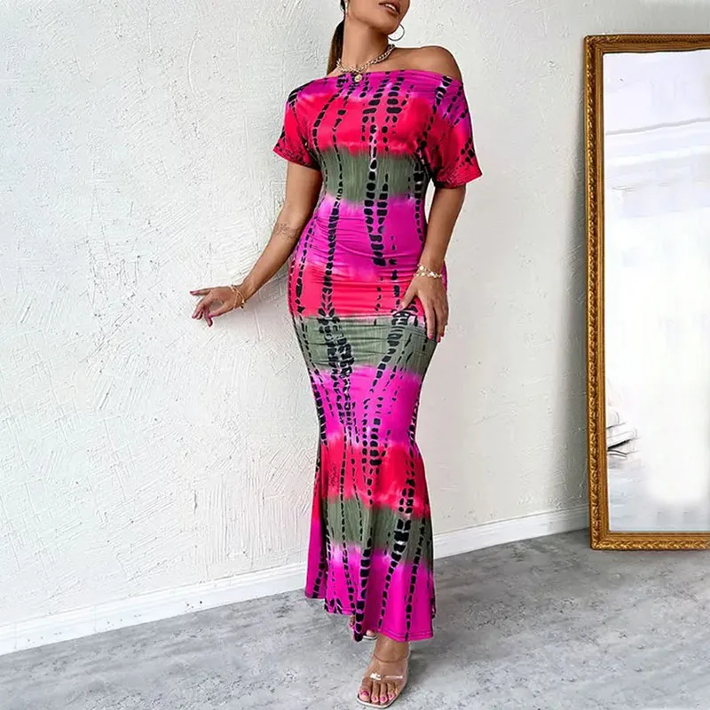 

Sexy Off Shoulder Dresses for Women Spring Summer Bodycon Short Sleeve Tie Dye Long Dress Fashion Popular Floral Print Vestidos