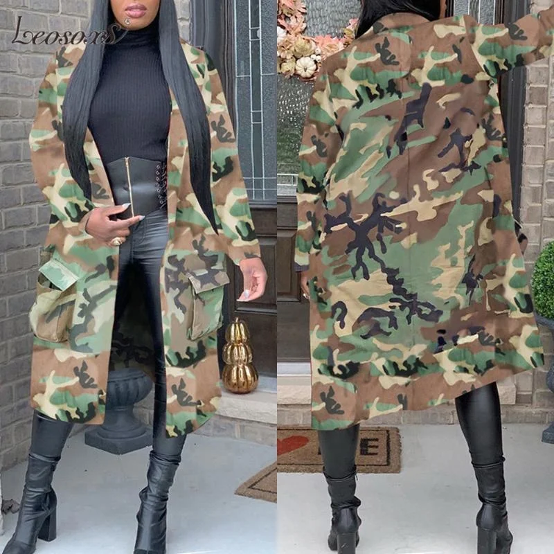 

Women's Trench Coats Autumn 2022 Coat Camo Long Female ArmyGreen Print Outwear Clothing Woman Sleeve Abrigo Mujer