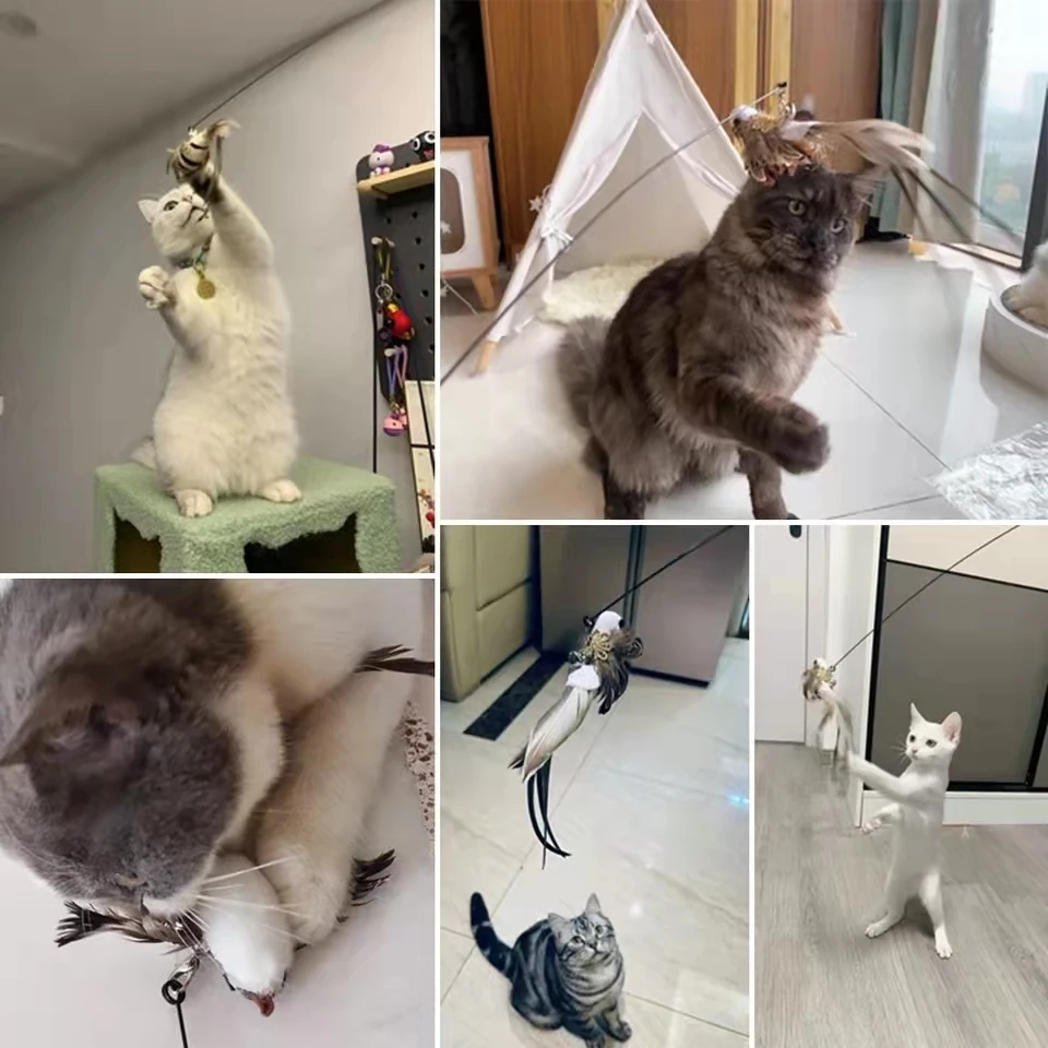 Интерактивная игрушка-Палочка для кошек с пушистыми перьями и колокольчиком |