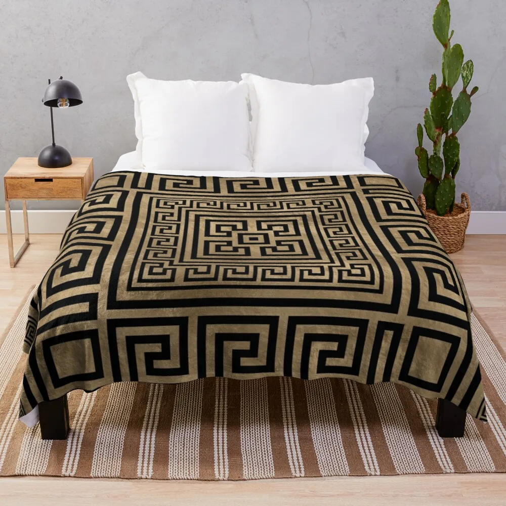 

Greek Key Ornament - Greek Meander -Black on gold Throw Blanket designer blanket