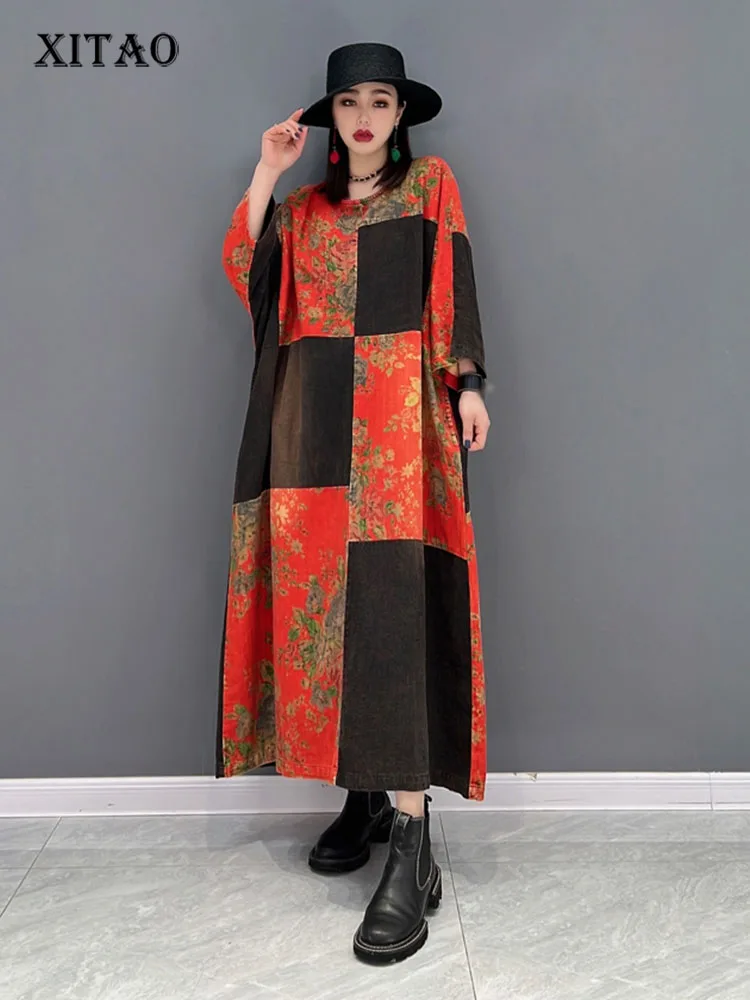 

XITAO/джинсовое платье контрастных цветов в стиле пэчворк; Модное Повседневное платье с круглым вырезом; Пуловер с принтом; Большие размеры; С...