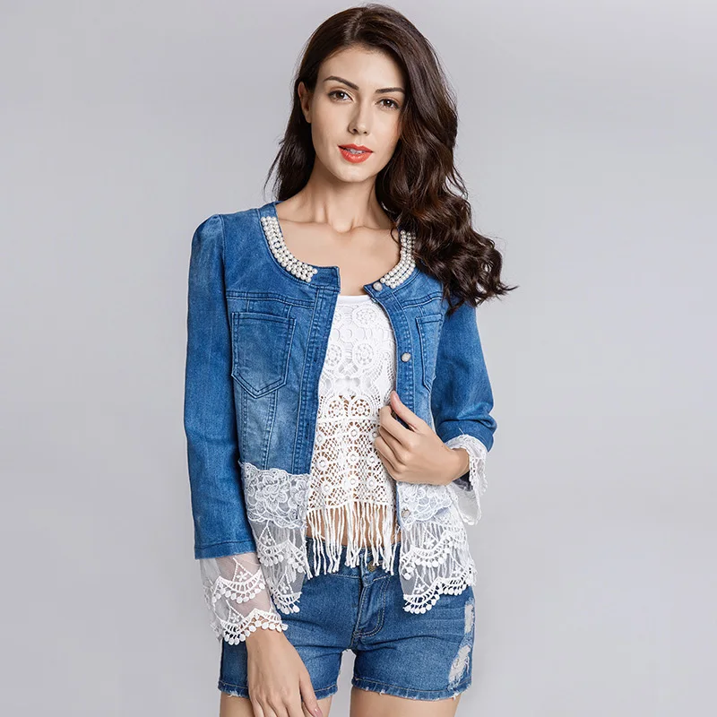 Slim Stitching Womens Denim Jacket Pearl Decoration Lace Cuffs Fashion Coat Thin Section White Mesh Hem Solid Wash Top 001