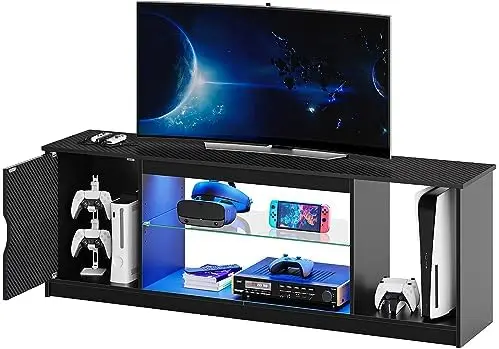 

Развлекательный центр для PS5, игровой ТВ-стенд с шкафом для 65/70 дюймового телевизора, современная ТВ-консоль с регулируемой стеклянной полкой для
