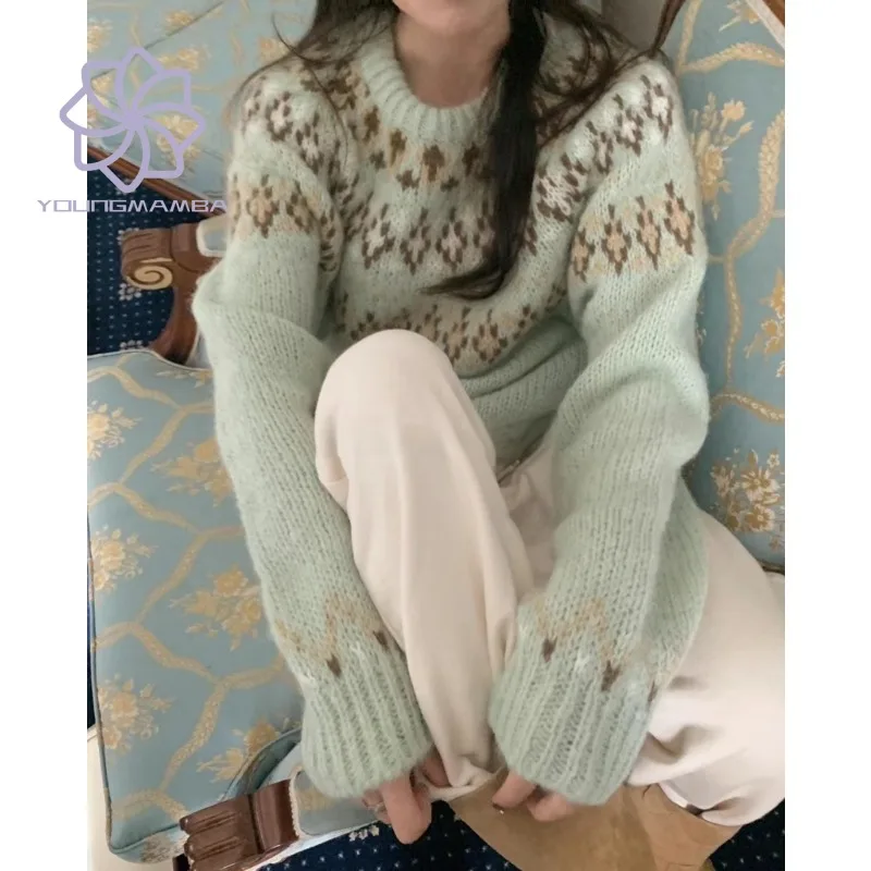 

Retro Autumn Winter 2023 New Casual Knit Pullover for Women Long Sleeve Crew Neck Knitted Sweater Vintage