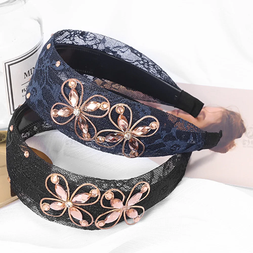 

Headband Wide Side Embroidered Rhinestone Hair Ring Non-Slip Hair Accessories Hair Elastics Ties Ornaments Hairbands for Ladies