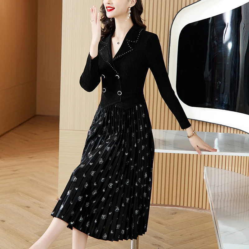 

2022 Autumn New Fashion Solid Color Print Dress For Women In South Korea Women's Loose Skinny Long Sleeve Knee Length Dress