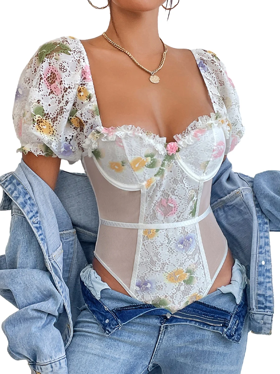 

Women s Sheer Lace Bodysuit with Short Puff Sleeves Mesh Patchwork and Floral Print - Sexy Leotard Top or Corset Playsuit