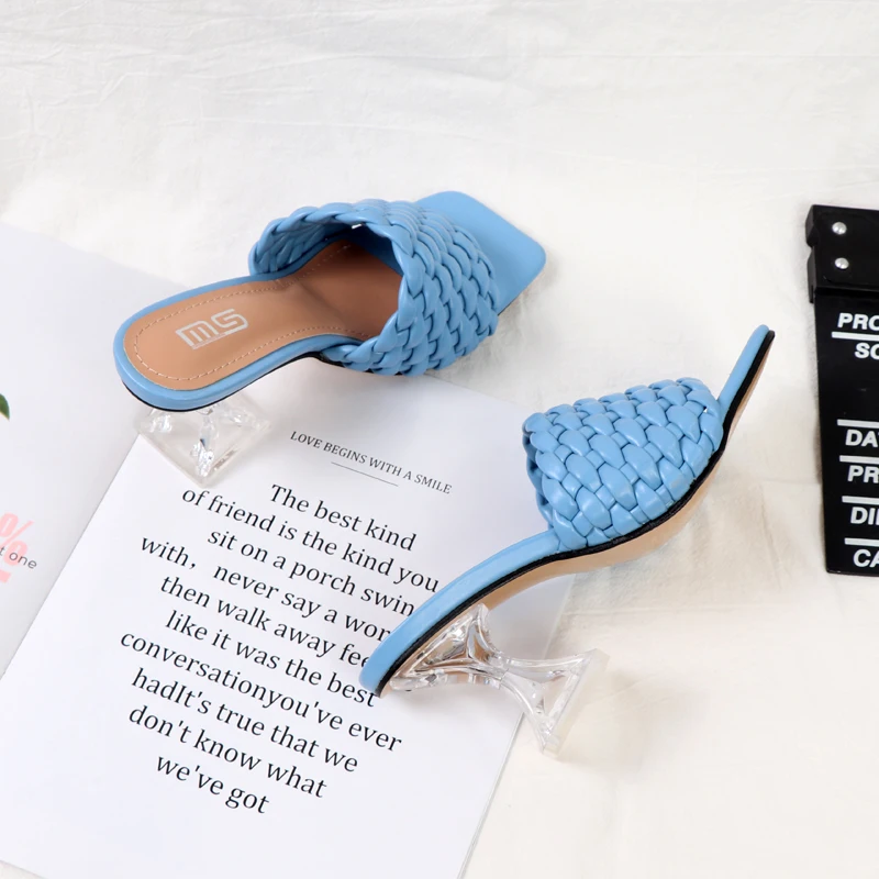 Large-size high-heeled slippers woven with crystal sandals 2022 summer joker black Transparent heel square toe women's shoes