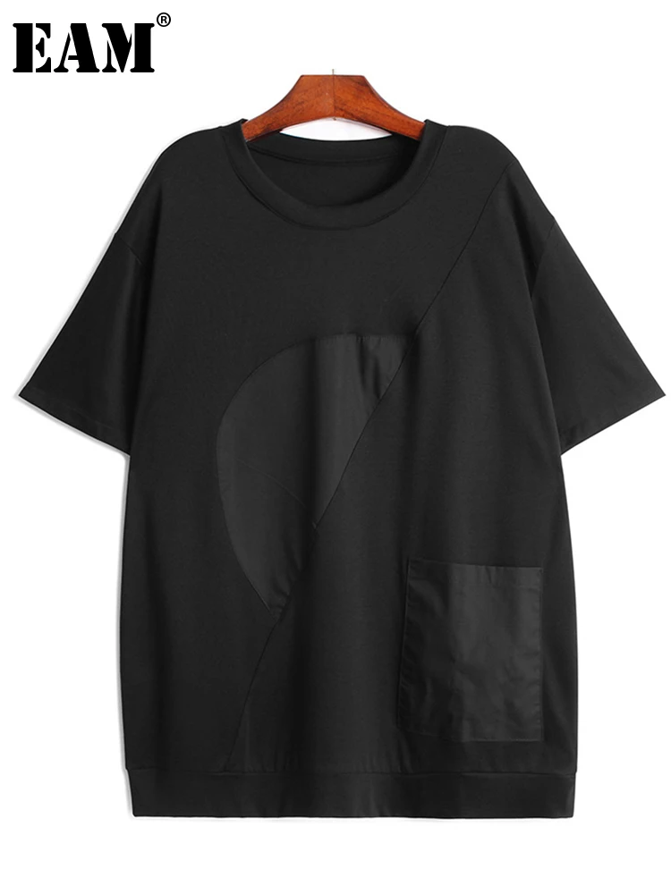 

[EAM] Women Blue Irregular Spliced Big Size Casual T-shirt New Round Neck Short Sleeve Fashion Tide Spring Summer 2022 1DE1880