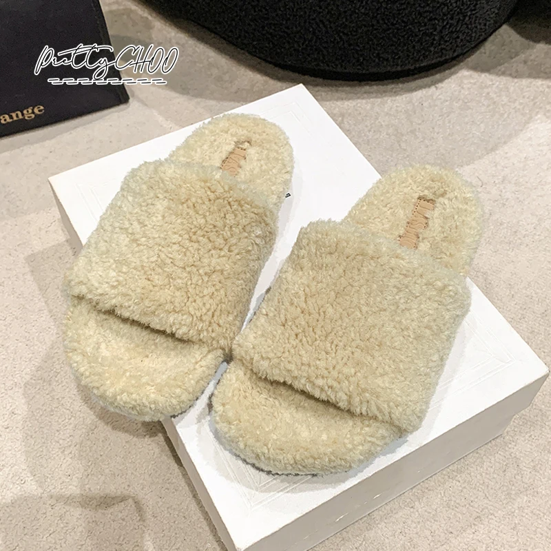 Мюли женские из овечьей шерсти толстая подошва кудрявые меховые тапочки модные