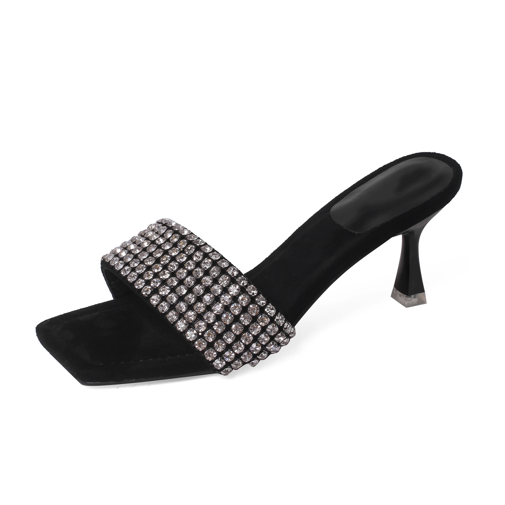 

Women's Sandals 2022 Summer Square Head Open Toe Shiny Rhinestone Luxury High Heels Black Fashion Sexy Half Slippers Fairy Shoes