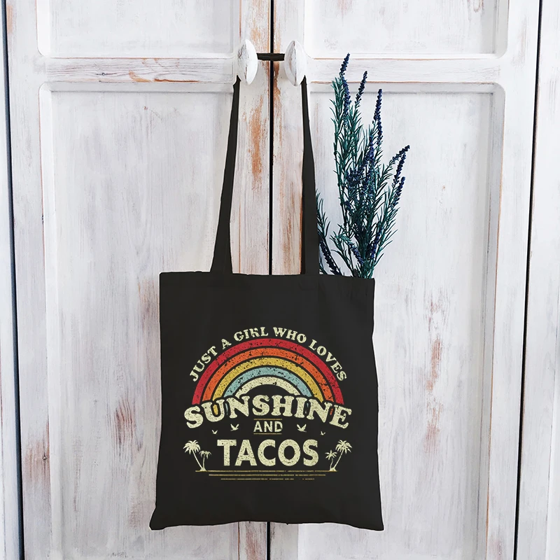

Sunshine Tacos Canvas Bag Cartoon Vintage Vacation Travel Shopping Bags Sunshine Vacation Rainbow Women Bag Reusable M