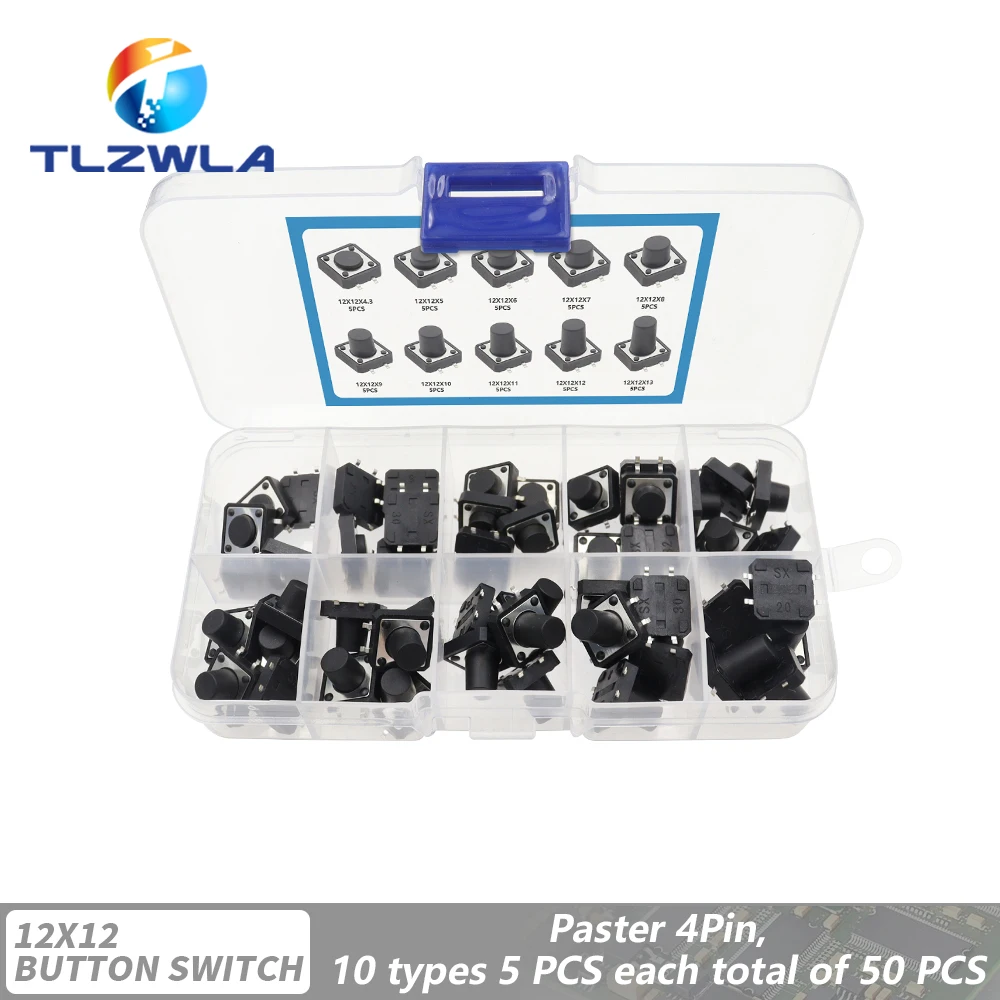 Тактовый переключатель 12*12, Тактильный кнопочный переключатель высотой 4,3 5 ~ 13 мм DIP SMD 4P, 50 шт., 10 моделей, микро-переключатель 12x12