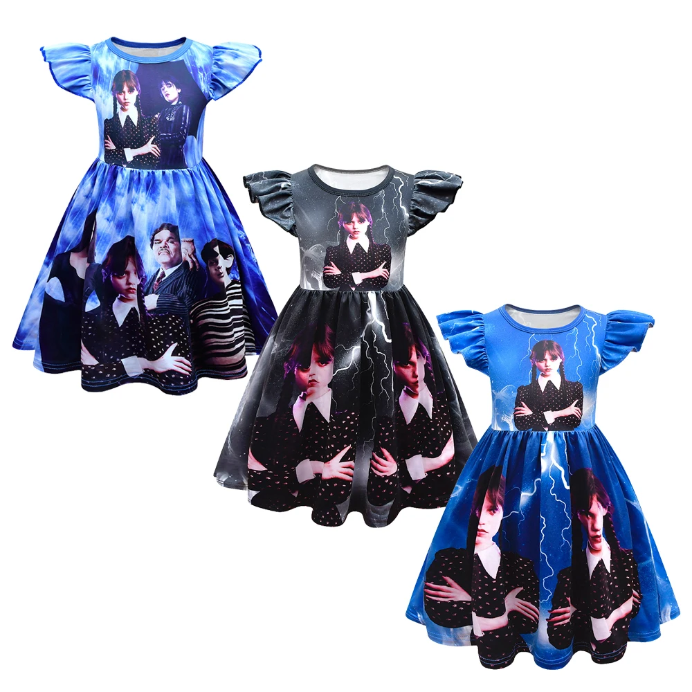 

Wednesday Addams Clothes Baby Girls flying Sleeve Dresses Kids Cartoon merlina Wedding Party Princess Vestidos full dress