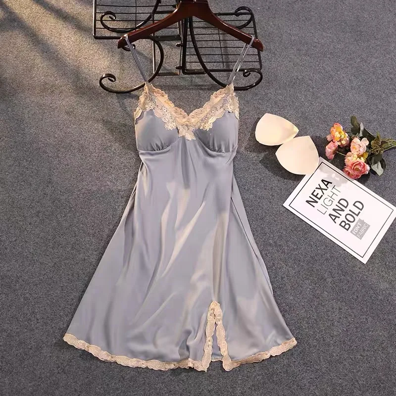 

Sexy Lace V-neck Night Dress Women Summer New Satin Strap Nightie Sleepwear With Chest Pad Slit Lingerie Nightgown Home Dresses