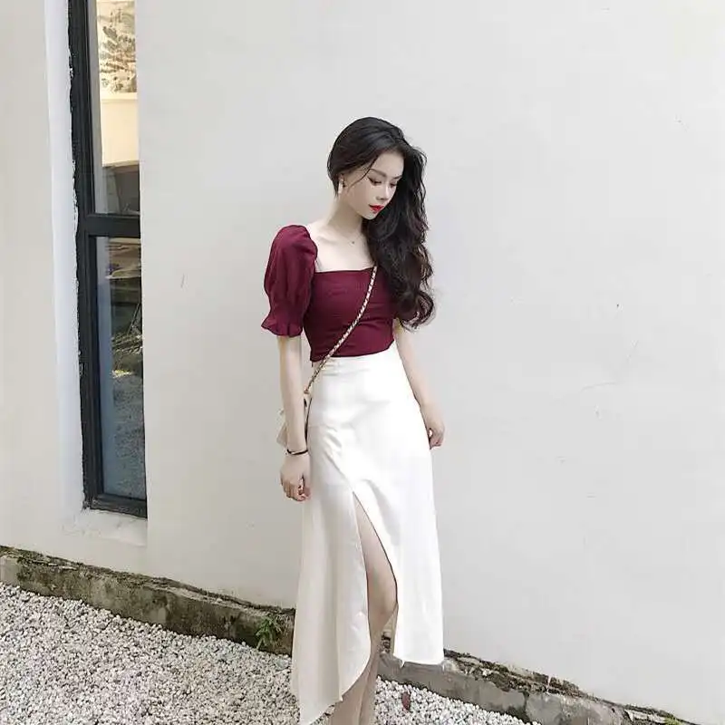 

Summer Elegant Women Skirt Sets Retro Office Lady Outifits Puff Sleeve Top +A Line Skirts Korean Fashion Sweet Hepburn Suit F25