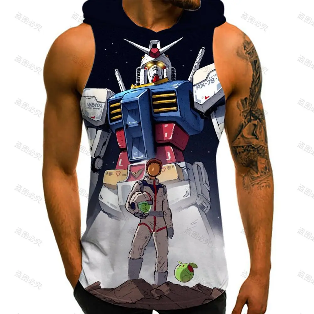 Gundam Men's Hooded Tank Mobile Suit Basketball 3D Print GYM Sleeveless Sports Shirt Man Harajuku Hip Hop 2023 Vest Streetwear