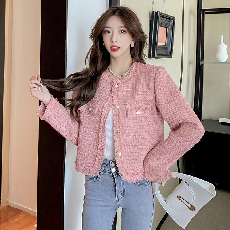 

High Quality Women Crop Tweed Jackets 2023 Autumn Winter Round Neck Pink Jacket Ladies Tassel Coat Outwear Luxury Clothing