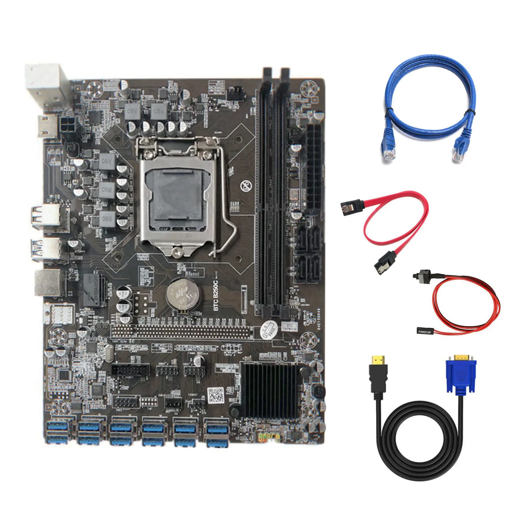 

B250C Miner Motherboard with RJ45 Cable+HD to VGA Cable+SATA Cable+Switch Cable 12 PCIE to USB3.0 GPU Slot LGA1151