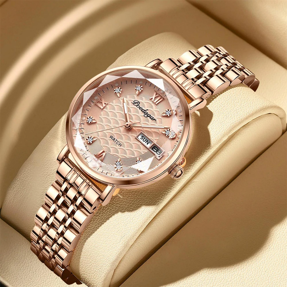 POEDAGAR Women Watches Fashion Rose Gold Steel Quartz Watch Waterproof Luminous Week Date Swiss Brand Ladies Wristwatch Bracelet enlarge