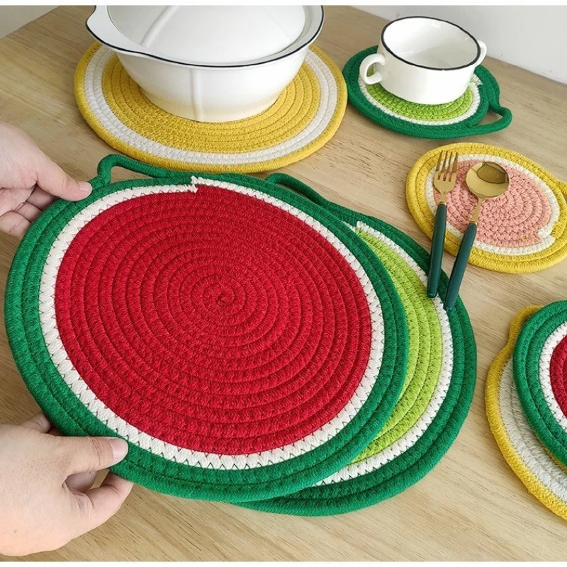 

Round Cotton Rope Placemat Woven Fruit Series Hanging Type Heat Insulation Pad Nordic Style Home Table Coaster Kitchen Supplies