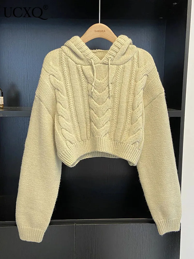 

UCXQ Twists Stripe Textured Hooded Drawstring Long Sleeve Pullover Sweater Women's 2023 Autumn Winter Short Jumper Top 23A6176
