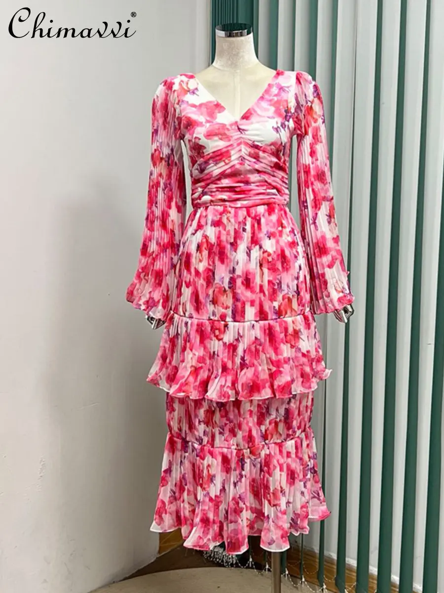 

Fall 2022 New Fashion Sexy V-neck Pleated Cake Dresses Women High Waist Slimming Chiffon Long Sleeve Feminine Mid-length Dress