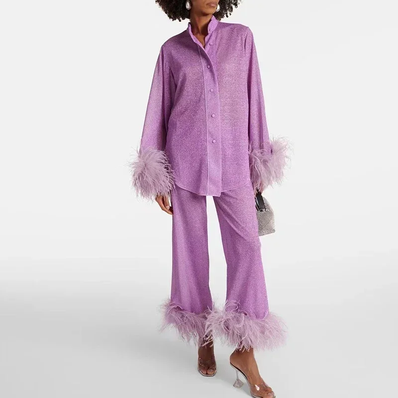 Элегантный женский наряд весенняя рубашка на пуговицах и брюки пижама из 2