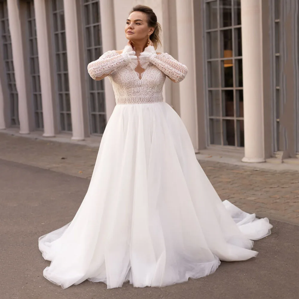 

Elegant Plus Size Illusion Lace Bodice Wedding Dresses Illusion Neckline Long Sleeve Bridal Dresses A Line Vestido De Novia