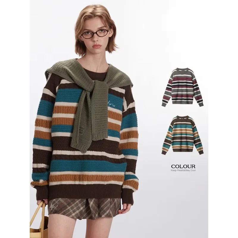 Nariele 2024 осенне-зимний винтажный радужный свитер женский топ полосатый вязаный