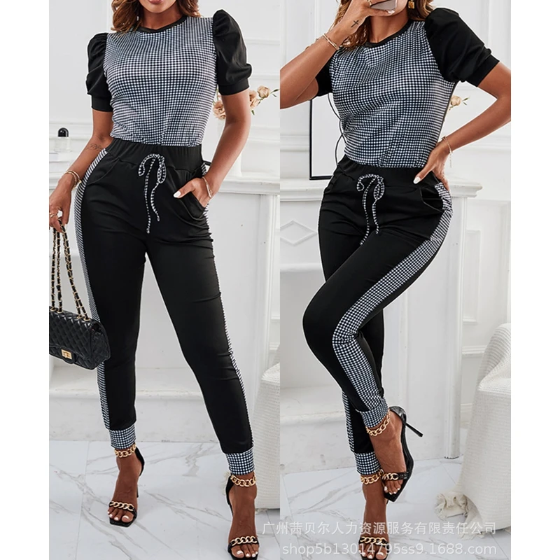 

Women Houndstooth Slim Suit Summer Short Sleeve O-Neck Pullover T-shirt High Waist Pencil Pants Trousers Suit Women 2-Piece Suit