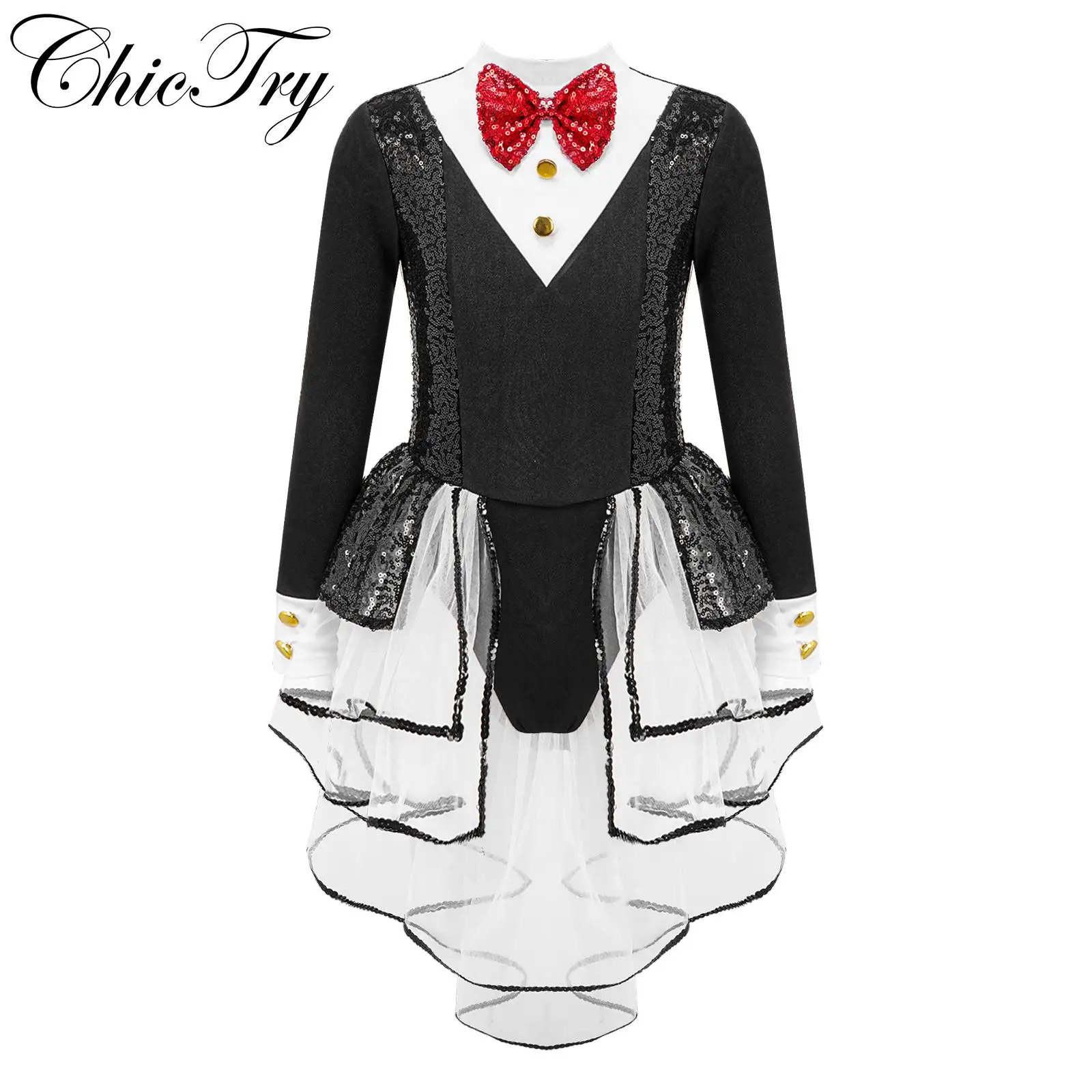 

Kids Girls Sequins Ballet Dance Dress Long Sleeve Bow Tie Tutu Mesh Leotard for Modern Latin Jazz Dancing Performance Costume