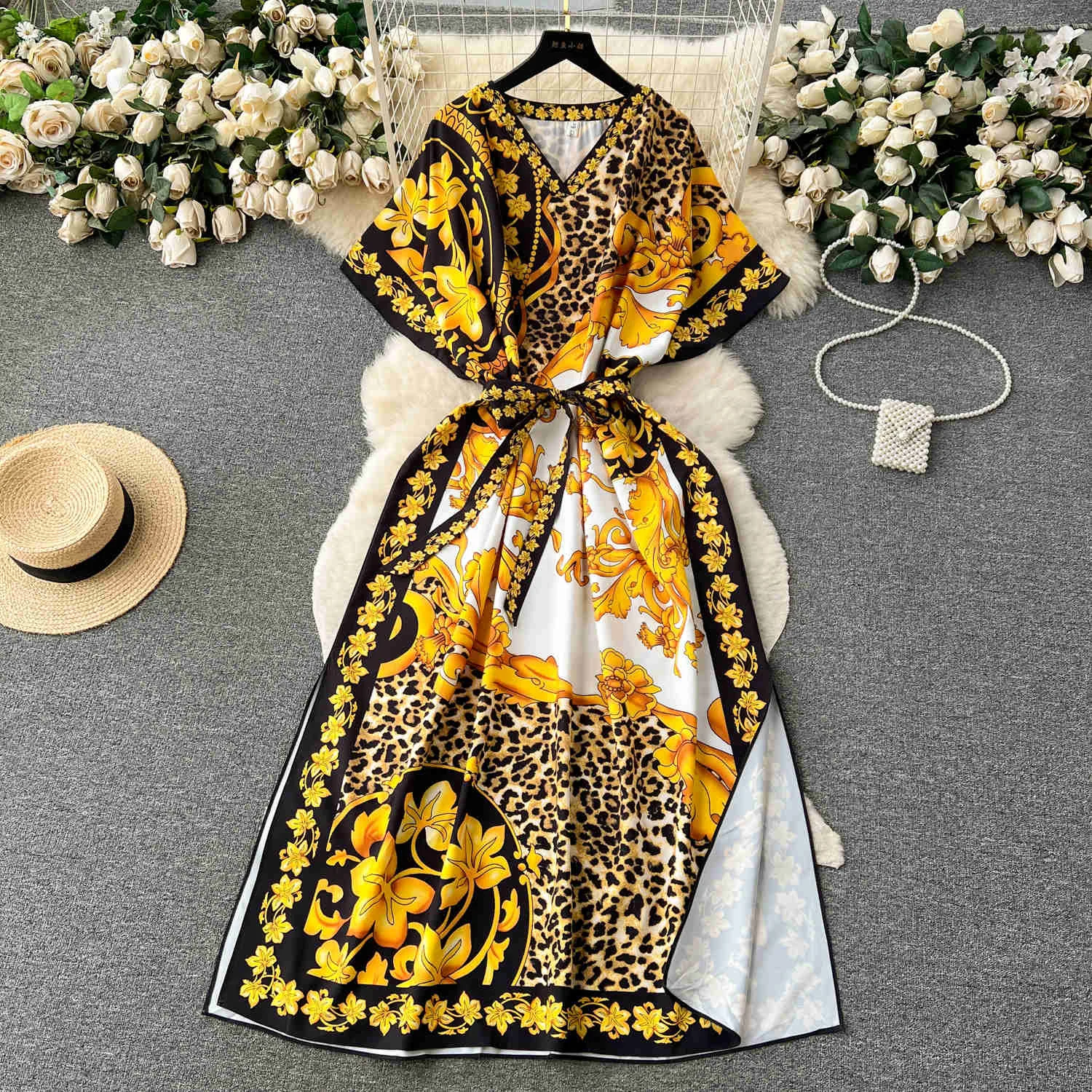 

Casual Women Summer Retro Style Maxi Dress 2023 New Elegant V Neck Short Batwing Sleeve Sash Bowtied A Line Split Loose Dress