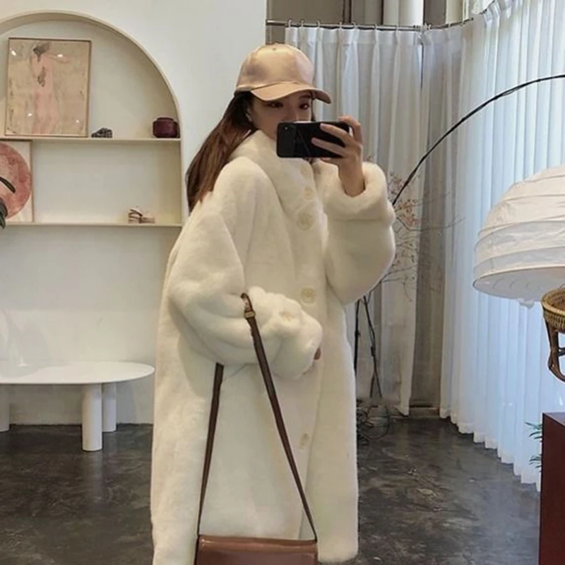 yellow Women Winter Faux Fur Long Coat Casual Sweet Solid Warm Soft Fur Hooded Jacket 2022 Fashion Loose Thicken  Coat