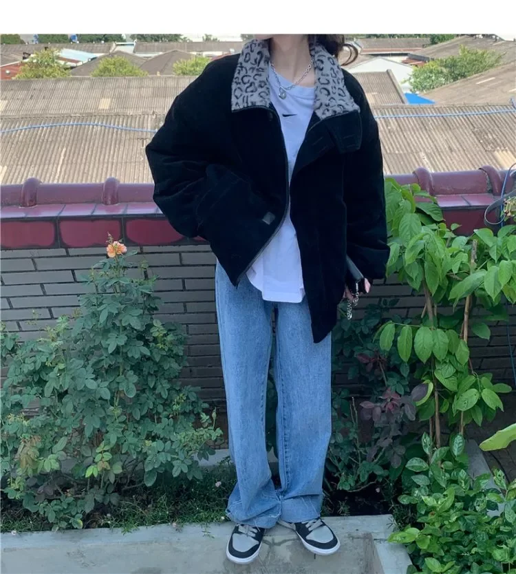 New2022 New Winter Leopard Patchwork Women Coat Corduroy Warm Loose Casual Jacket Female Outwear Elegant Tops