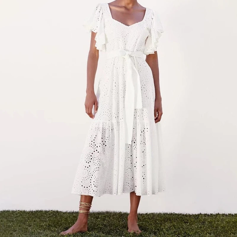 

Женское вечернее платье с вышивкой, белое ажурное платье Вечерние рукавами-фонариками, V-образным вырезом и высокой талией, лето 2022