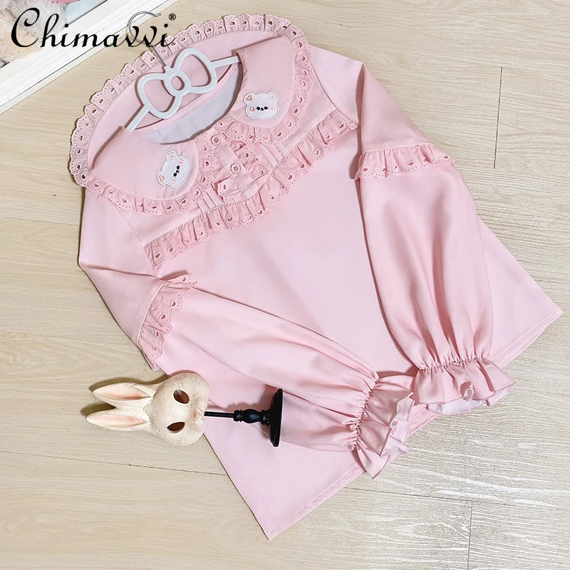 Японская хлопковая рубашка с вышивкой медведя для девочек кукольный воротник