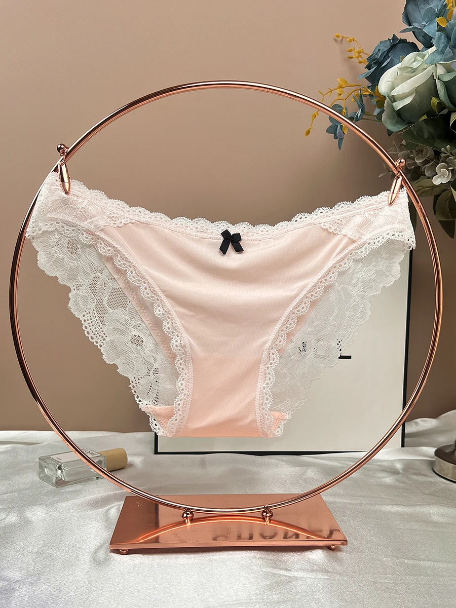 Low Waist Cream Lace Underwear Women Seamless Ice Silk Thin Sweet Girl Student Comfortable Cotton Crotch Briefs