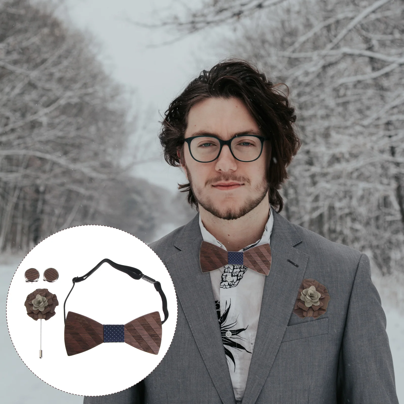 

Wooden Bow Tie Set Male Boutonniere Corsage Cuff-link Classic Wedding Men Man Brooch Fabric Father Clothes Accessories