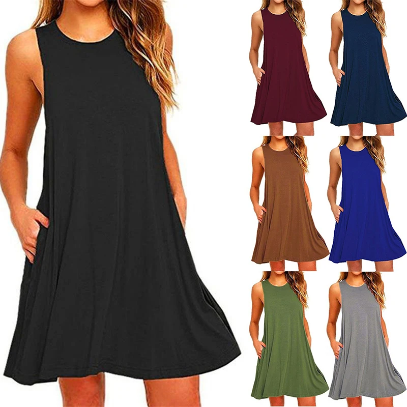 2022 Women's Summer Casual Swing T-Shirt Dresses Beach Cover Up With Pockets Plus Size Loose T-shirt Dress