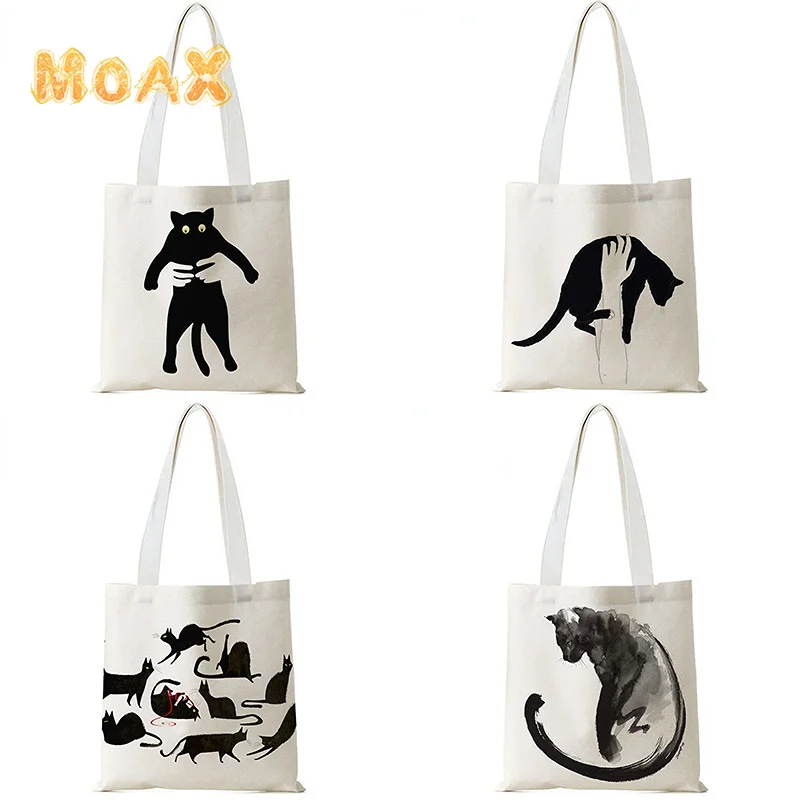 

Black Cat Women's Handbags Cartoon Animal Eco Shopping Bag Reusable Shoulder Bags Art Decoration Canvas Storage Bags Easy Clean