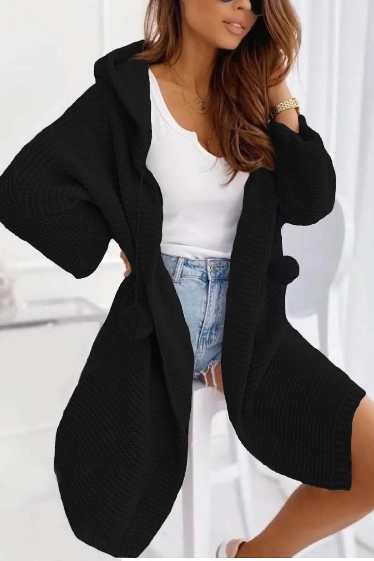 

Women's Cardigan Black Trend Wide Sleeve Pompom Casual Knitted Quality Fashion Cardigan Sweaters Loose Sweater Jumper