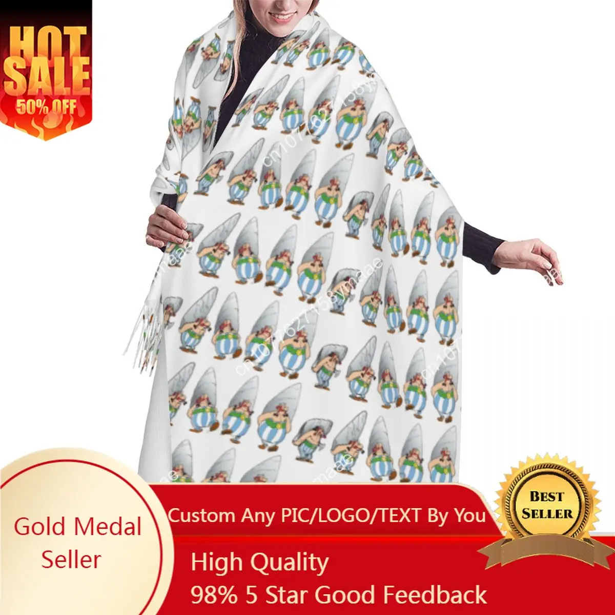 

Custom Israel Ladies Large Funny Obelix Cartoon Scarves Women Winter Soft Warm Tassel Shawl Wraps Versatile Scarf