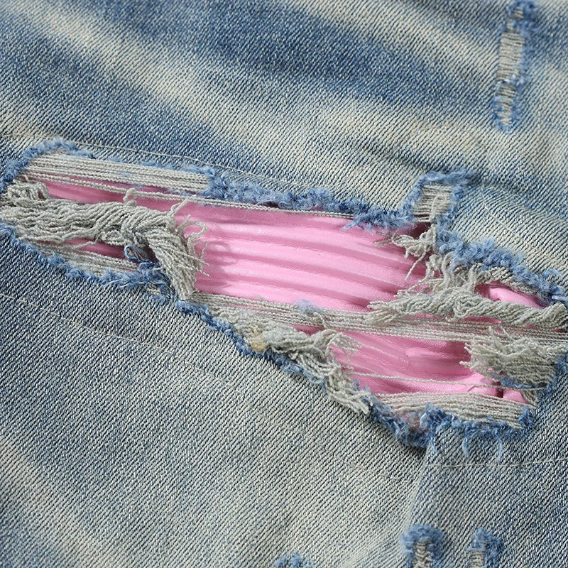 High Street Fashion Men Jeans Retro Blue Elastic Stretch Skinny Fit Ripped Jeans Men Pink Patched Designer Hip Hop Brand Pants