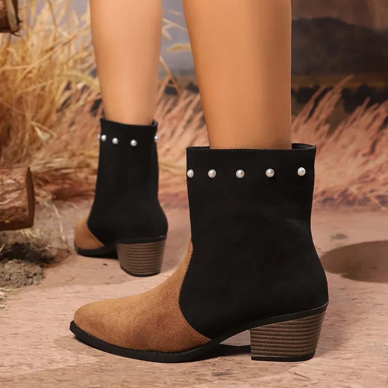 Suede High Heels Chelsea Ankle Boots Woman Beaded Trend Pointed Toe Shoes New Winter Gladiaotr Chunky Fashion Botas Pumps